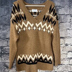 Old Navy Sweater Womans Small Brown Fair Isle‎ V-Neck Pullover Soft Knit Grandma